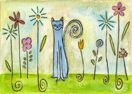 Blue Cat In The Flower Garden by Wyanne art print