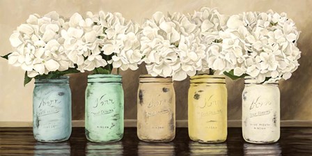 Hydrangeas in Mason Jars by Jenny Thomlinson art print