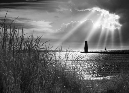 Frankfort Lighthouse and Sunbeams, Frankfort, Michigan &#39;13-IR by Monte Nagler art print