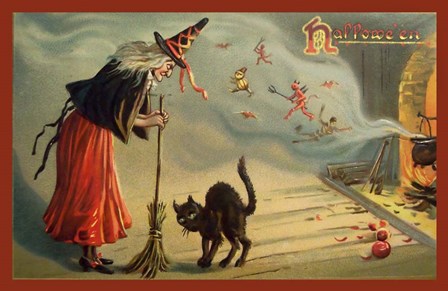 Halloween Witch And Cat by Vintage Apple Collection art print