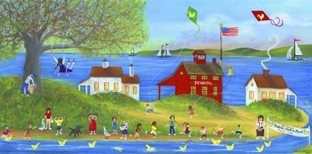 Rubber Dickie Race At Little Red School House Folk Art by Cheryl Bartley art print