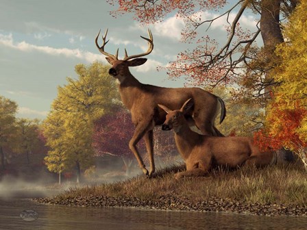 Deer On An Autumn Lakeshore by Daniel Eskridge art print