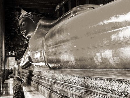 Praying the reclined Buddha, Wat Pho, Bangkok, Thailand (sepia) by Pangea Images art print