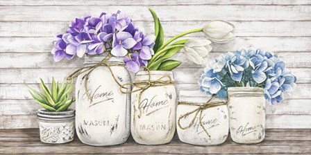 Hydrangeas in Mason Jars by Jenny Thomlinson art print