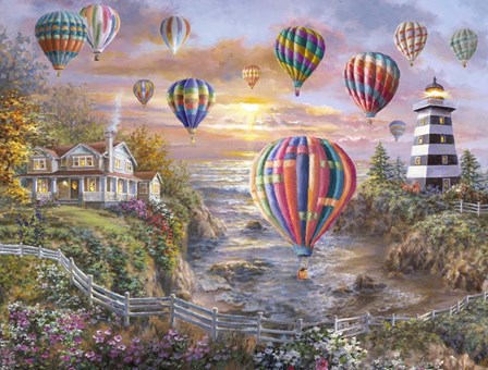 Balloons Over Cottage Cove by Nicky Boehme art print