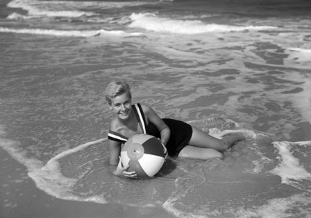1960s Woman In Bathing Suit Lying In The Surf by Vintage PI art print