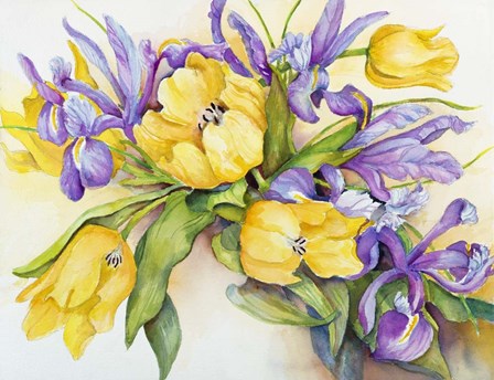 Yellow Tulips with Blue Iris by Joanne Porter art print