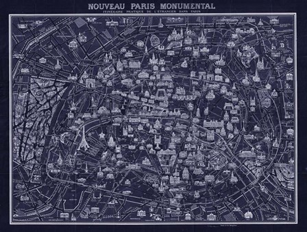 1920 Pocket Map of Paris Blueprint style by Vintage Lavoie art print