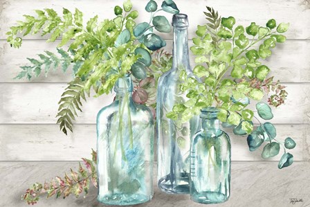 Vintage Bottles and Ferns Landscape by Tre Sorelle Studios art print