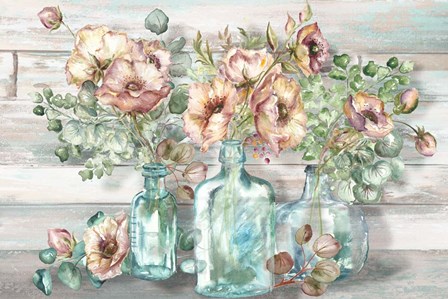 Blush Poppies and Eucalyptus in bottles landscape by Tre Sorelle Studios art print