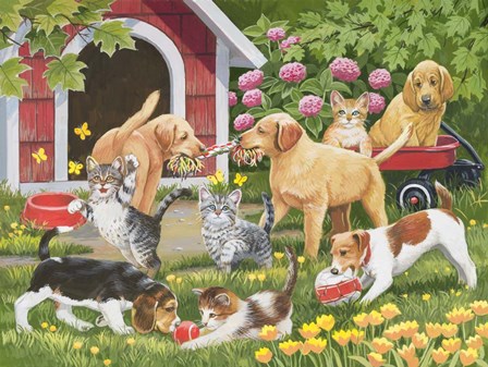 Puppies and Kittens - Spring and Summer by William Vanderdasson art print