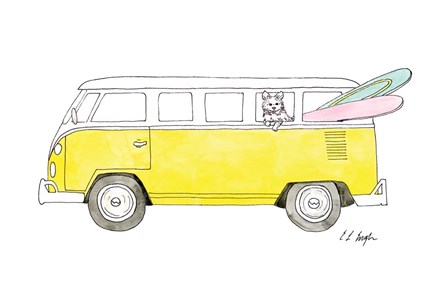 Yellow Van with Pink and Green Surfboards by Elise Engh art print