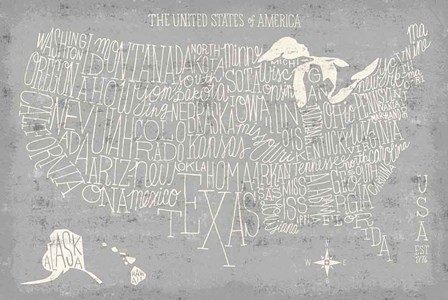 Hand Lettered USA Map Gray by Michael Mullan art print