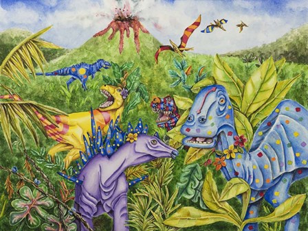 Rainbow Dino&#39;s by Charlsie Kelly art print