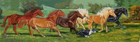 Running Horses With Border Collie by Eileen Herb-Witte art print